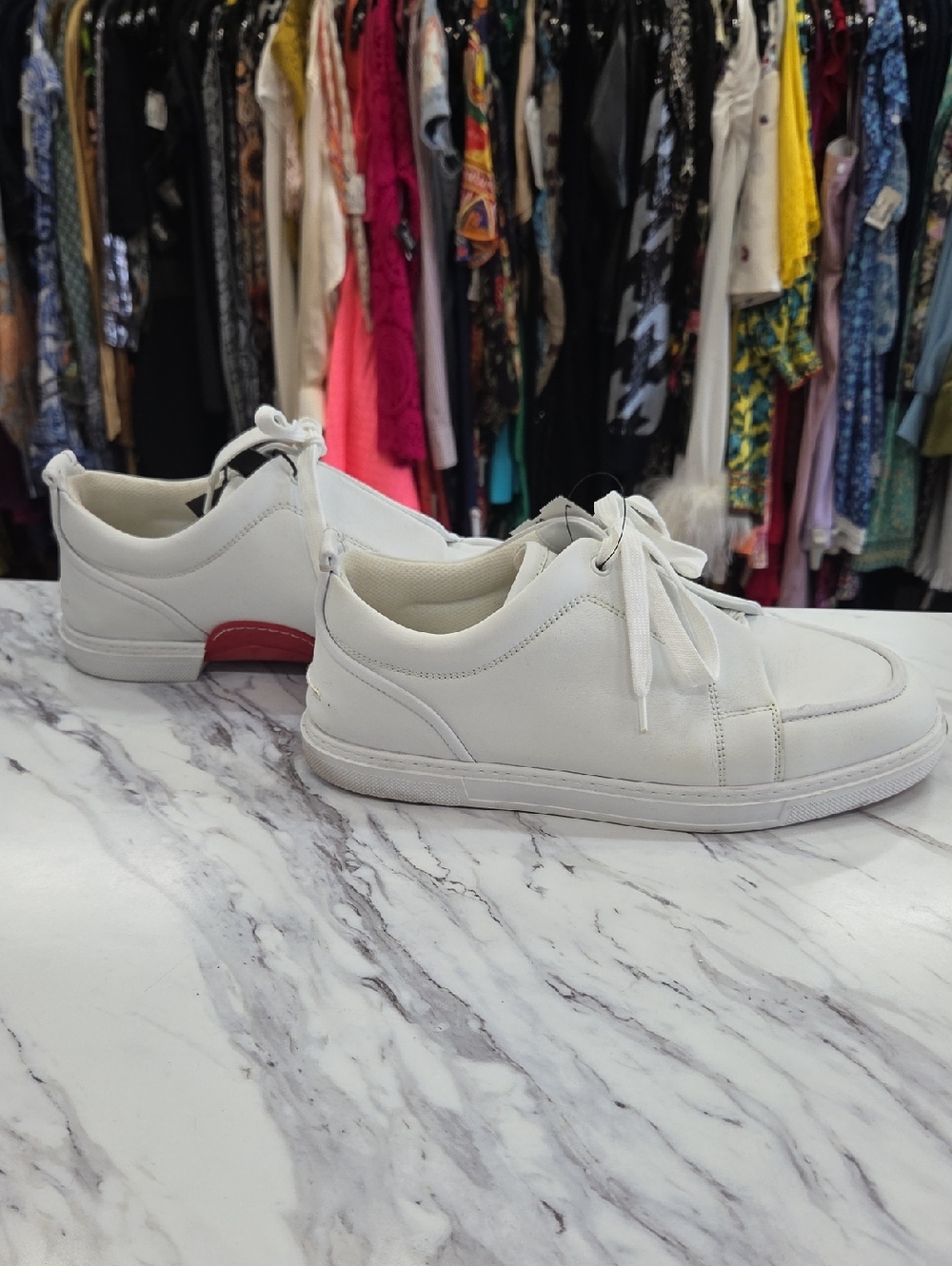 Christian Louboutin White Low-Top Leather Sneakers with Red Heel Accent